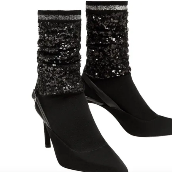 Zara Shimmery Sequin Sock Style Slingback Heels