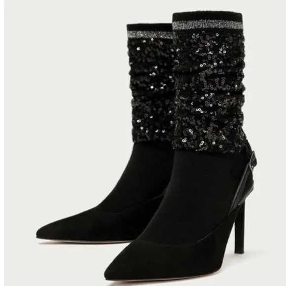 Zara Shimmery Sequin Sock Style Slingback Heels