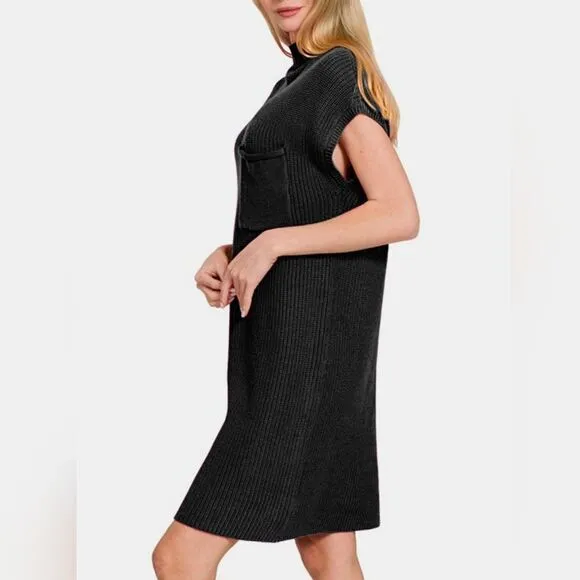 Zenana Mock Neck Short Sleeve Cotton Sweater Dress Black Knit