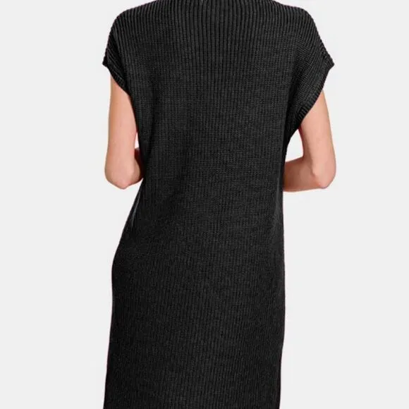 Zenana Mock Neck Short Sleeve Cotton Sweater Dress Black Knit