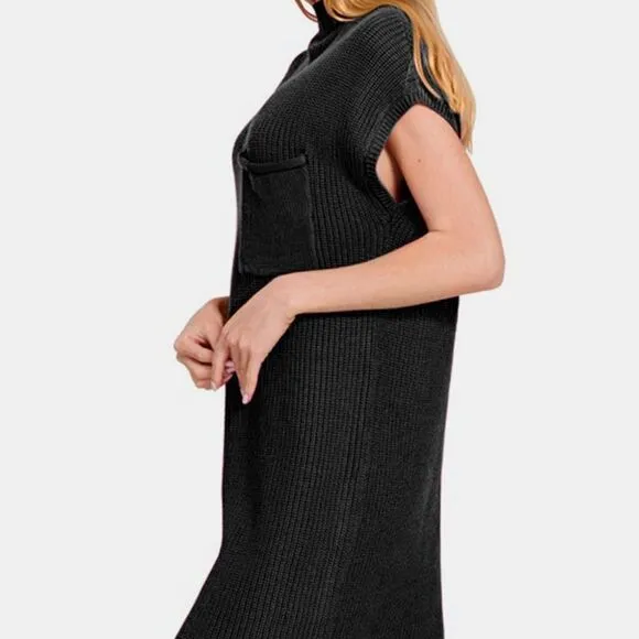 Zenana Mock Neck Short Sleeve Cotton Sweater Dress Black Knit
