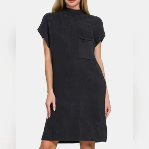 Zenana Mock Neck Short Sleeve Cotton Sweater Dress Black Knit