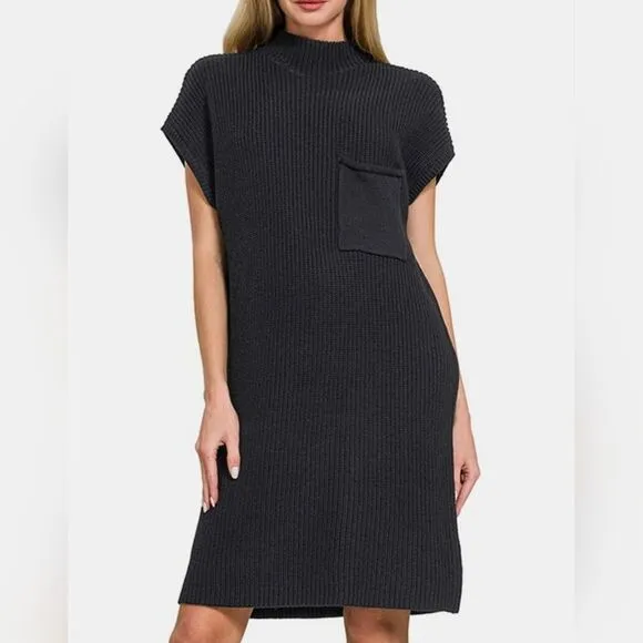 Zenana Mock Neck Short Sleeve Cotton Sweater Dress Black Knit